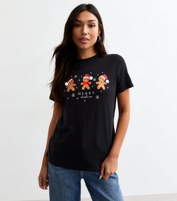 Black Merry Christmas Gingerbread Men Printed T-Shirt