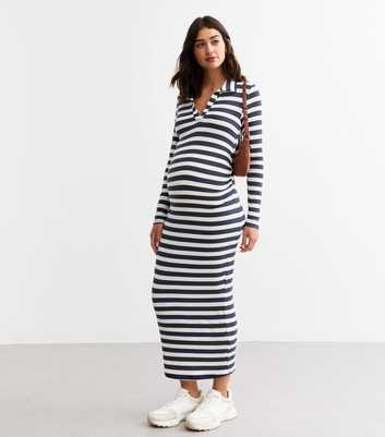 Maternity Blue Ribbed Striped Collared Midi Dress