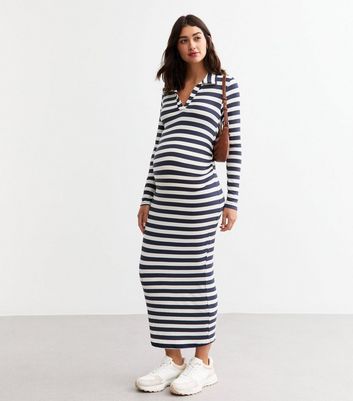 Maternity Blue Ribbed Striped Collared Midi Dress New Look