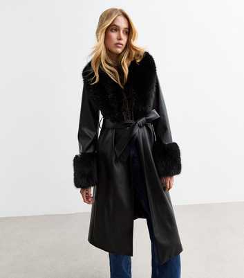 Black Faux Leather Faux Fur Collar Belted Coat