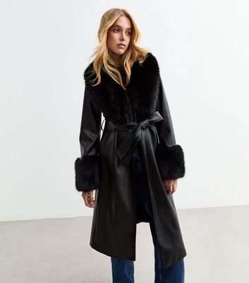 Black Faux Leather Faux Fur Collar Belted Coat New Look