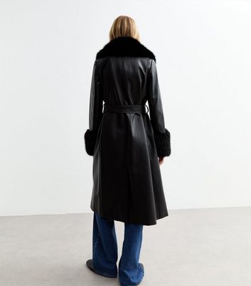 Black Faux Leather Faux Fur Collar Belted Coat