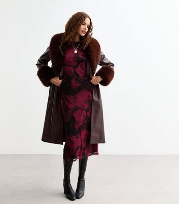 New look burgundy fur coat best sale