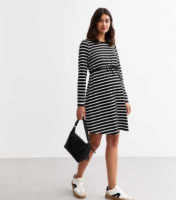 Maternity Black Striped Drawstring Long Sleeves Dress