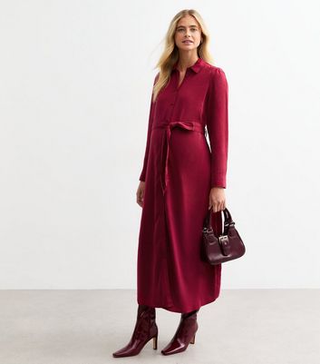 Maternity Burgundy Belted Shirt Dress New Look