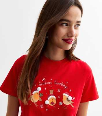 Red Cotton Season's Greetings Christmas T-Shirt