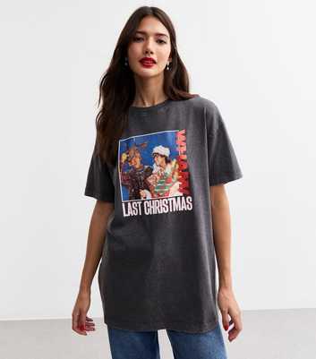 Dark Grey Wham Last Christmas Print Oversized Acid Wash T-Shirt