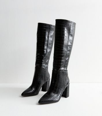 Black croc knee high boots on sale