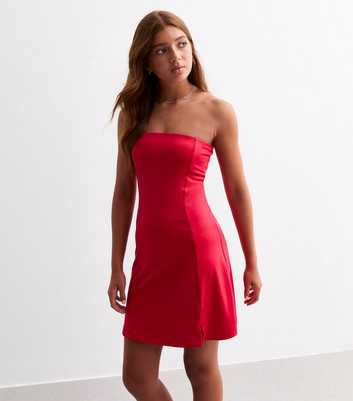 Girls Red Notched Hem Bandeau Dress