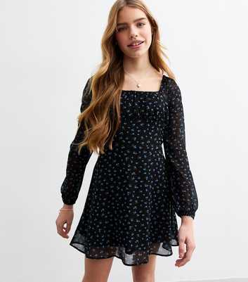 Girls Black Floral Chiffon Long Sleeve Dress