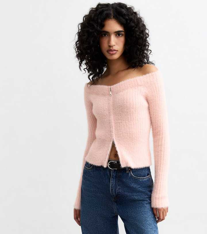 Knitwear Pink Bardot Jumper Pink Fluffy Zip Front Bardot Jumper