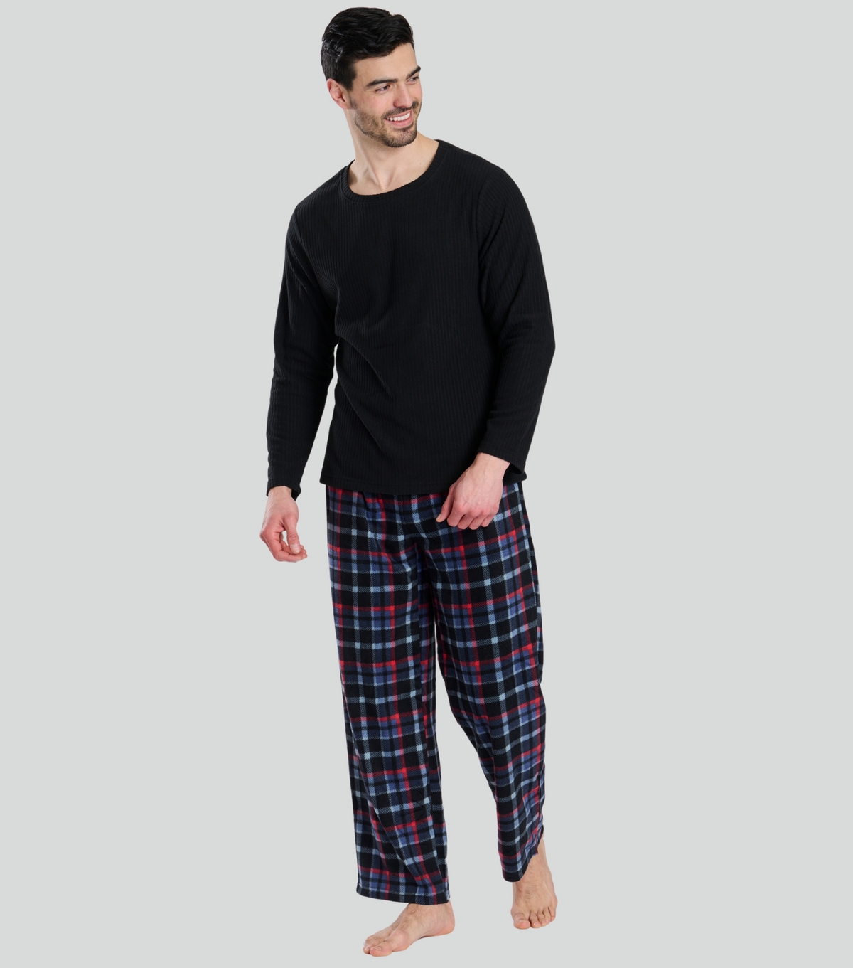 Men's Men Black Fleece Check Stripe Pyjama Set Loungeable New Look