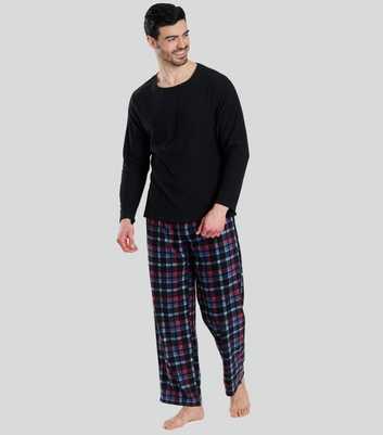 Loungeable Men Black Fleece Check Stripe Pyjama Set