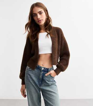 Brown Metallic Thread Fluffy Crop Cardigan 