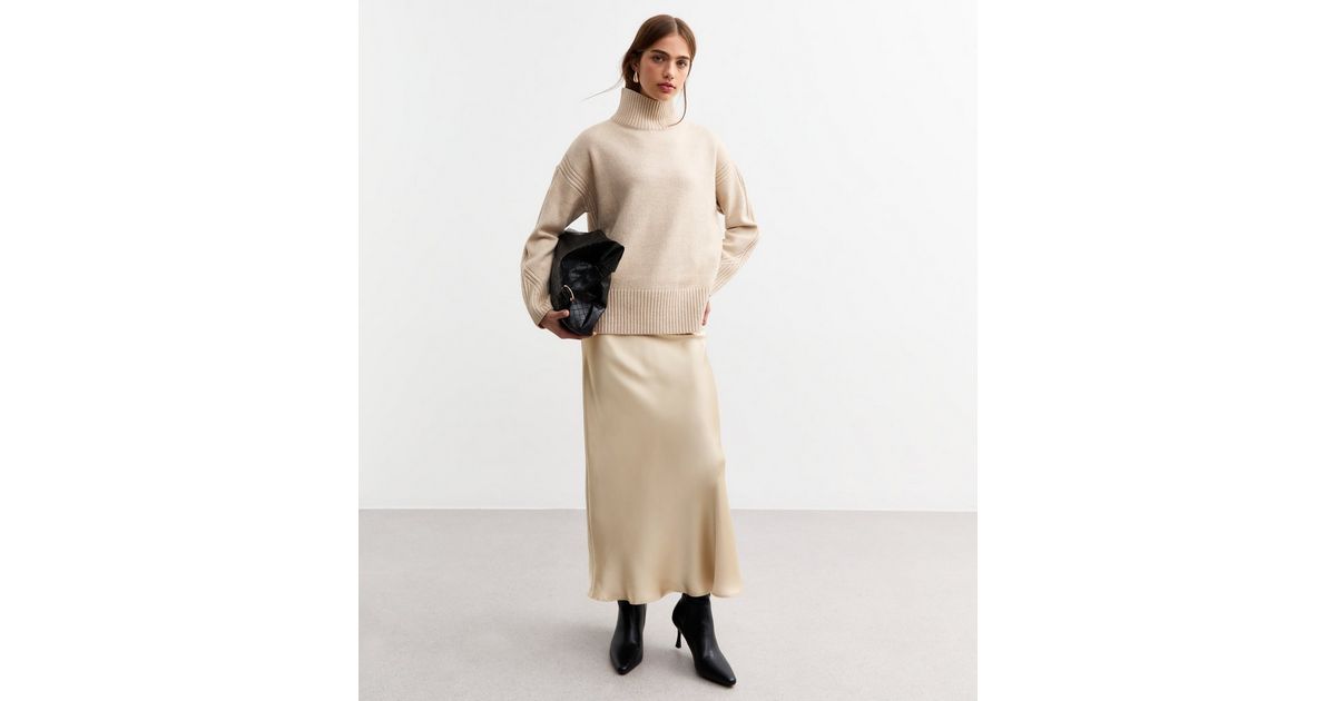Cream Satin Lace Midi Skirt