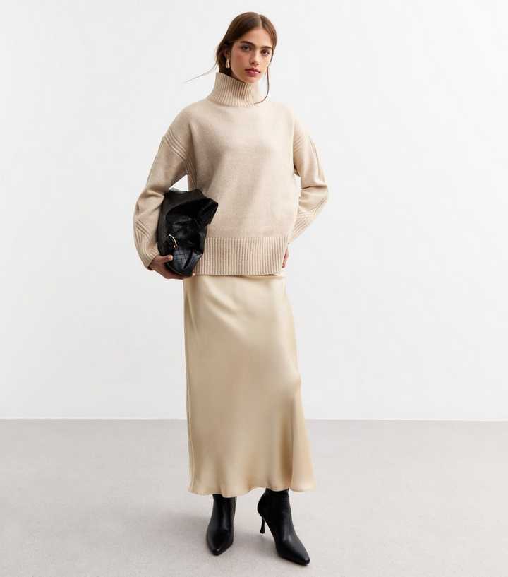 Cream Satin Midi Skirt