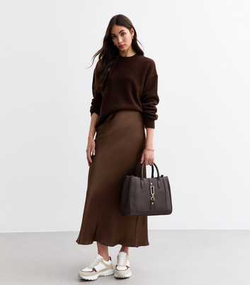 Dark Brown Satin Midi Skirt