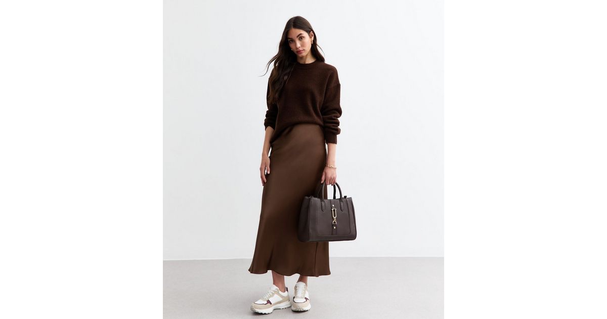 Dark Brown Satin Midi Skirt New Look