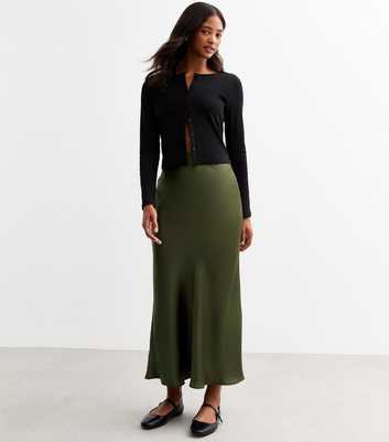 Khaki Satin Midi Skirt