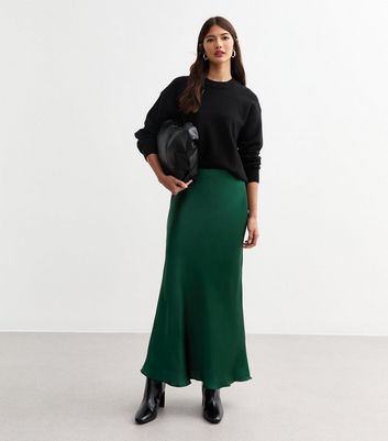 Green Satin Midi Skirt New Look