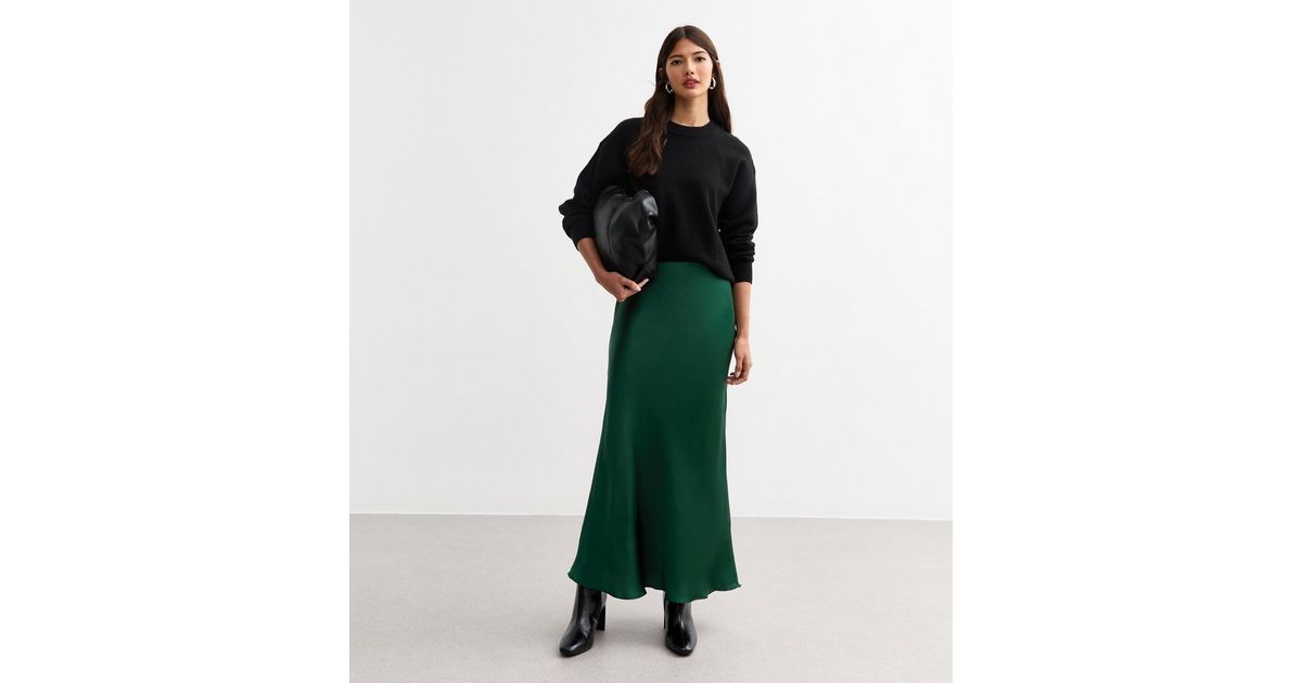 Silhouette Satin Midi Skirt-Green