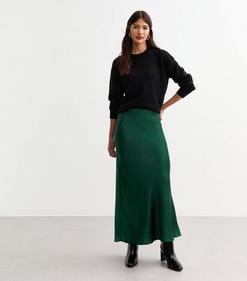 Green Satin Midi Skirt New Look