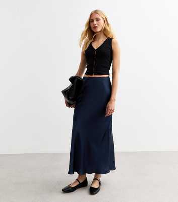 Navy Satin Midi Skirt