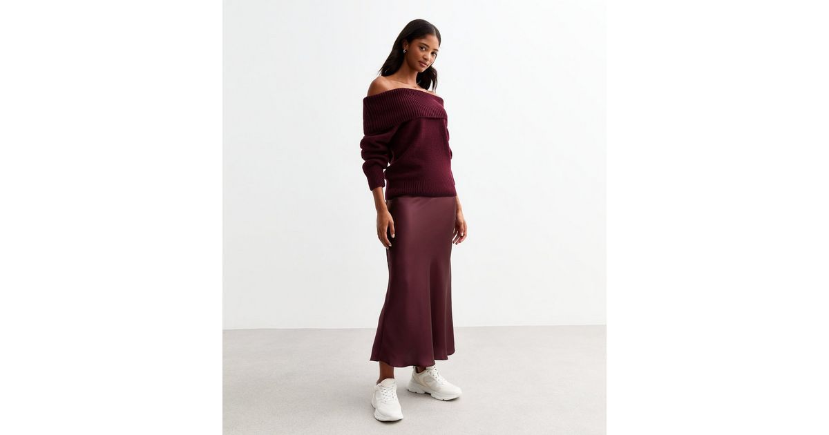 Burgundy Satin Midi Skirt | New Look