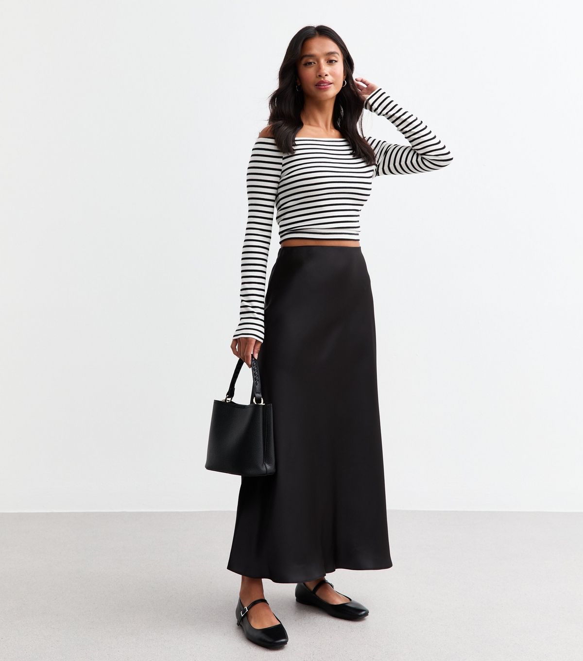 Women's Petite Black Satin Midi Skirt New Look