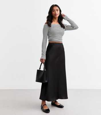 Petite Black Satin Midi Skirt