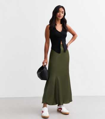 Petite Khaki Satin Midi Skirt