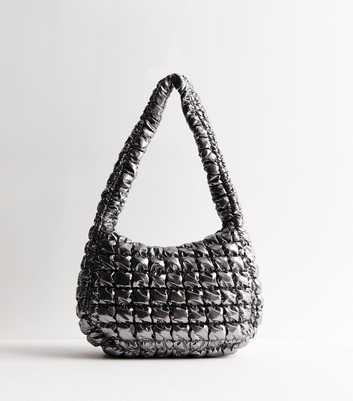 Silver Metallic Long Strap Quilted Shoulder Bag