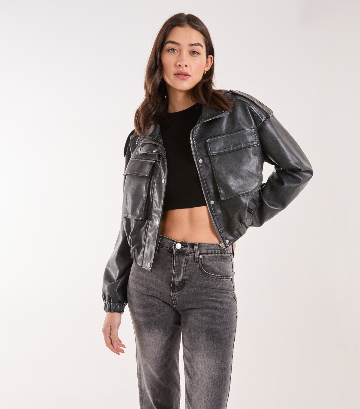 Women's Black Utility Cropped Bomber Jacket Pink Vanilla New Look