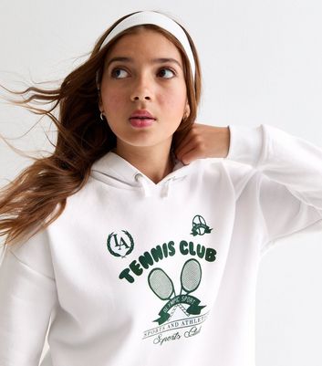 Girls White Tennis Club Print Boxy Hoodie New Look