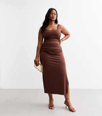 Curves Brown Square Neck Ruched Midi Dress