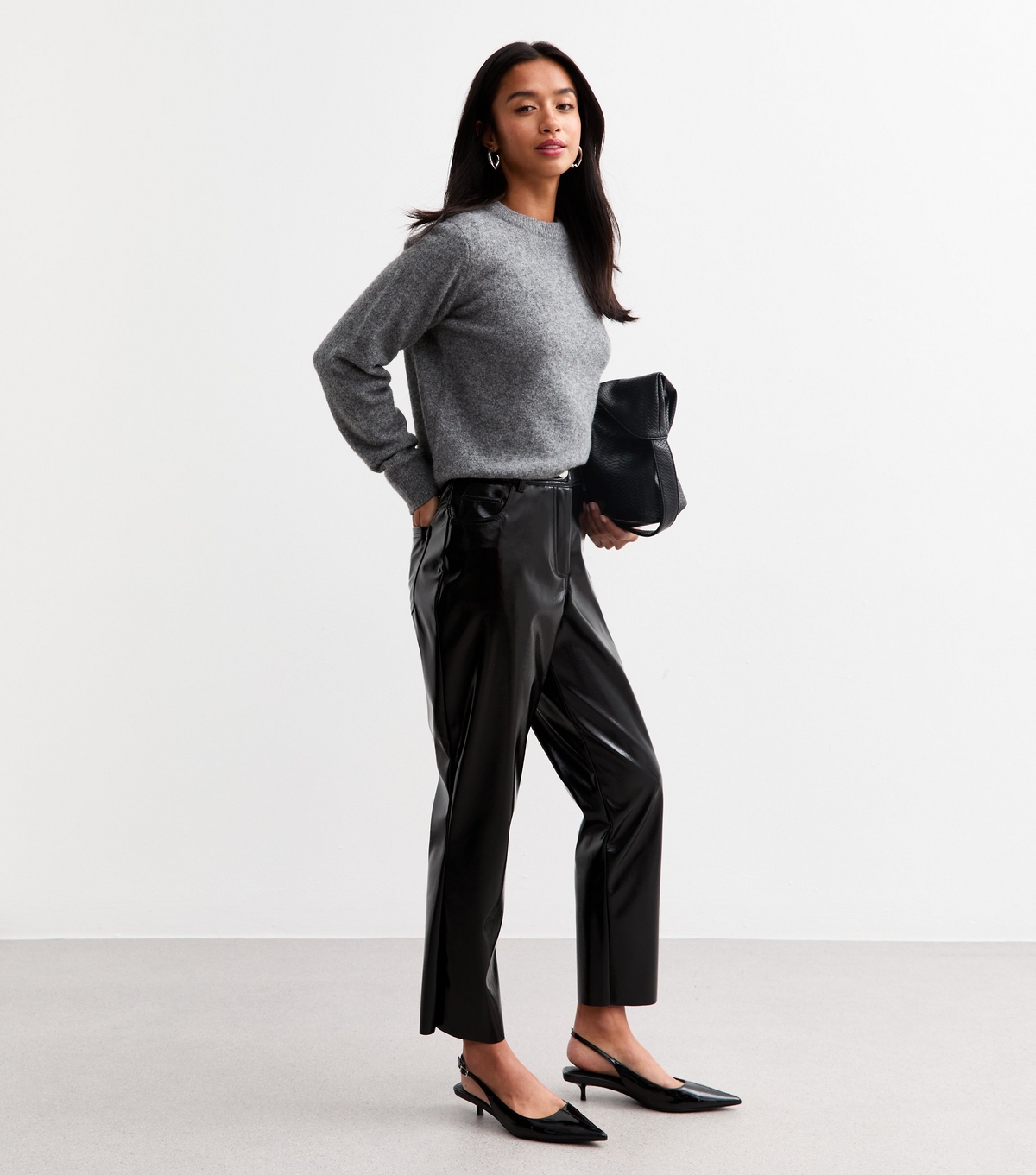 Women's Petite Black Faux Patent Leather Straight Trousers New Look