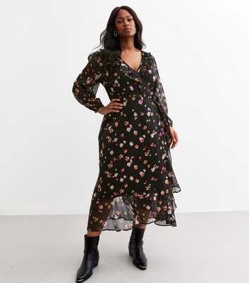 Curves Black Floral Print Chiffon Wrap Midi Dress