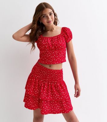 Girls Red Shirred Floral Print Tiered Skirt New Look