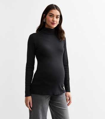 Maternity Black Rib Jersey Roll Neck Top