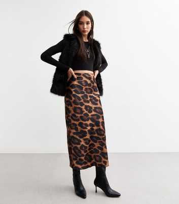 Brown Leopard Print Satin Midi Skirt