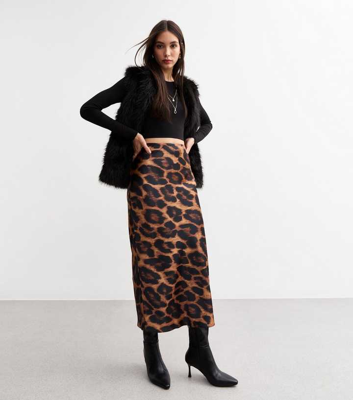 Brown Leopard Print Satin Midi Skirt