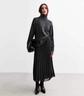 Black Pleated Chiffon Midi Skirt