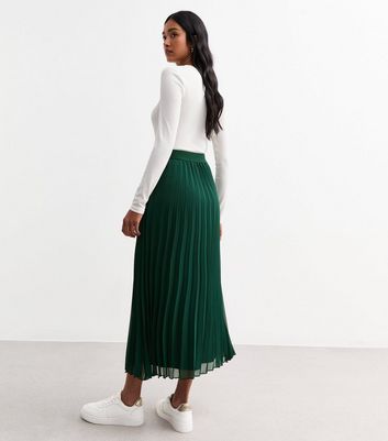 Dark Green Pleated Chiffon Midi Skirt