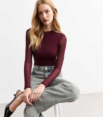 Burgundy Ruched Mesh Long Sleeve Bodysuit 