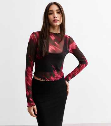 Red Abstract Print Mesh Top