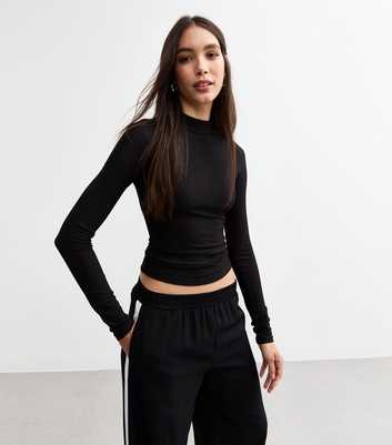 Black High Neck Fine Rib Lightweight Top