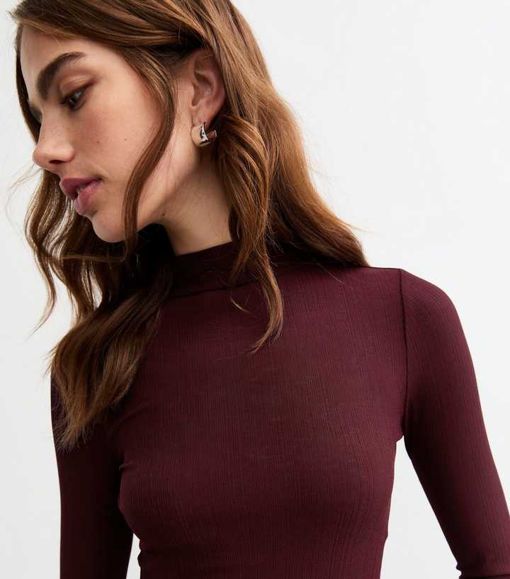 Burgundy High Neck Fine Rib Lightweight Top