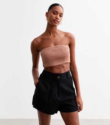 Brown Shirred Bandeau Crop Top