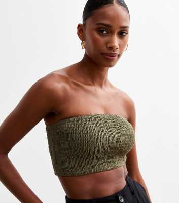 Olive Shirred Bandeau Crop Top