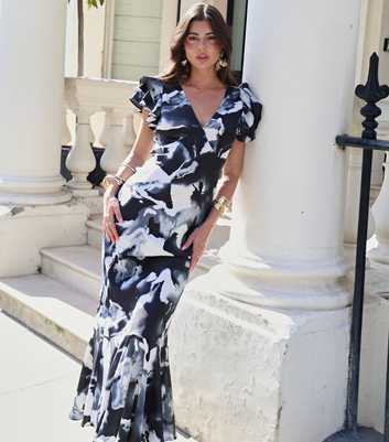 WKNDGIRL Black Abstract Print Ruffled Maxi Dress